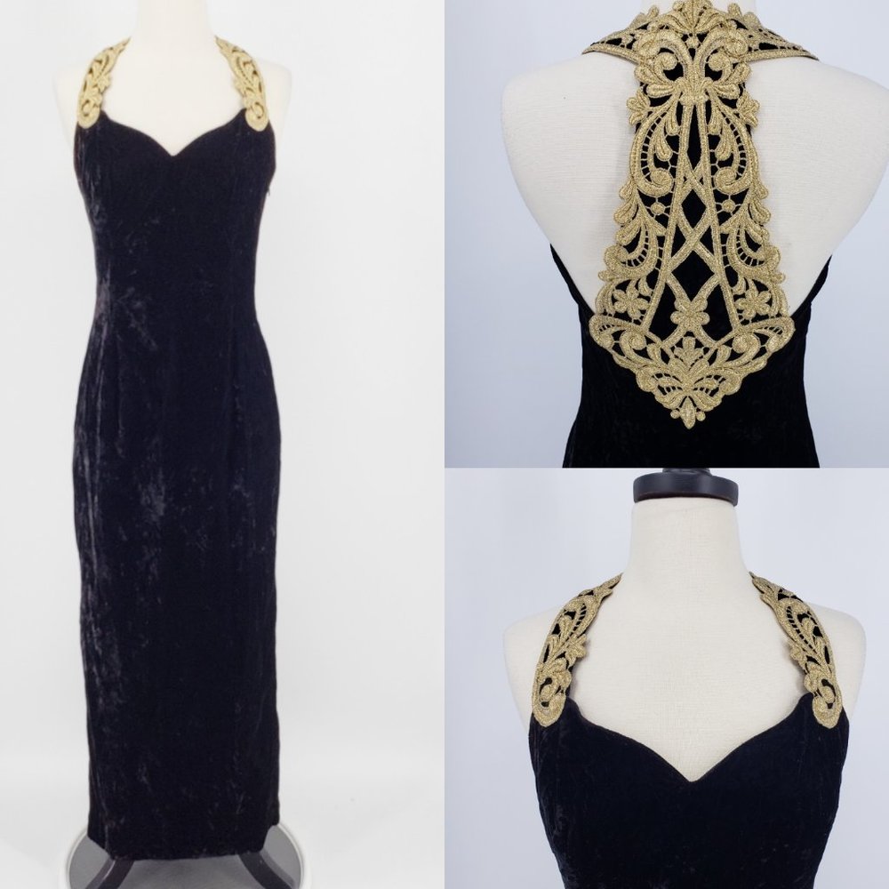 Black Velvet Halter Prom Dress with Gold Embroidered Back Detail
